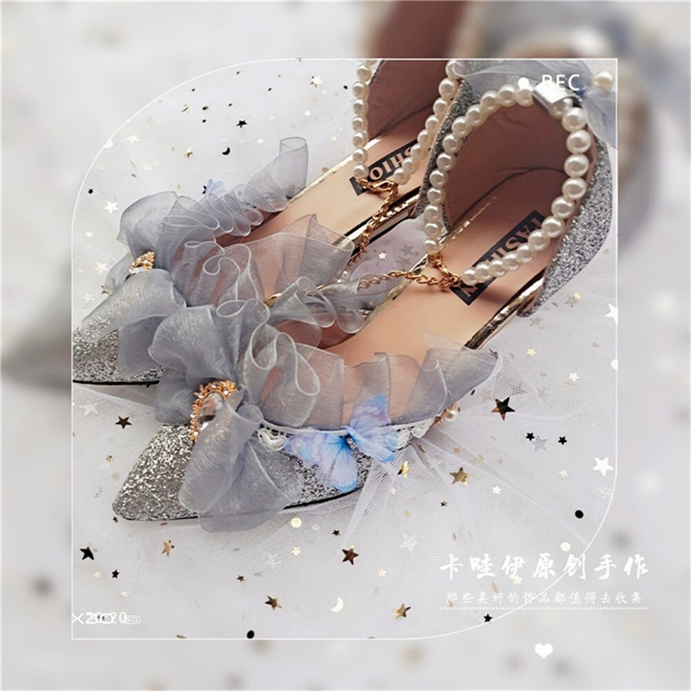 Advbridge Kawaii Girl Tea Party Pointed Sandals Mid Heel Victoria Lolita Shoes Elegant Woman Pearl Chain Lace Bowknot Cosplay Lolita Shoes