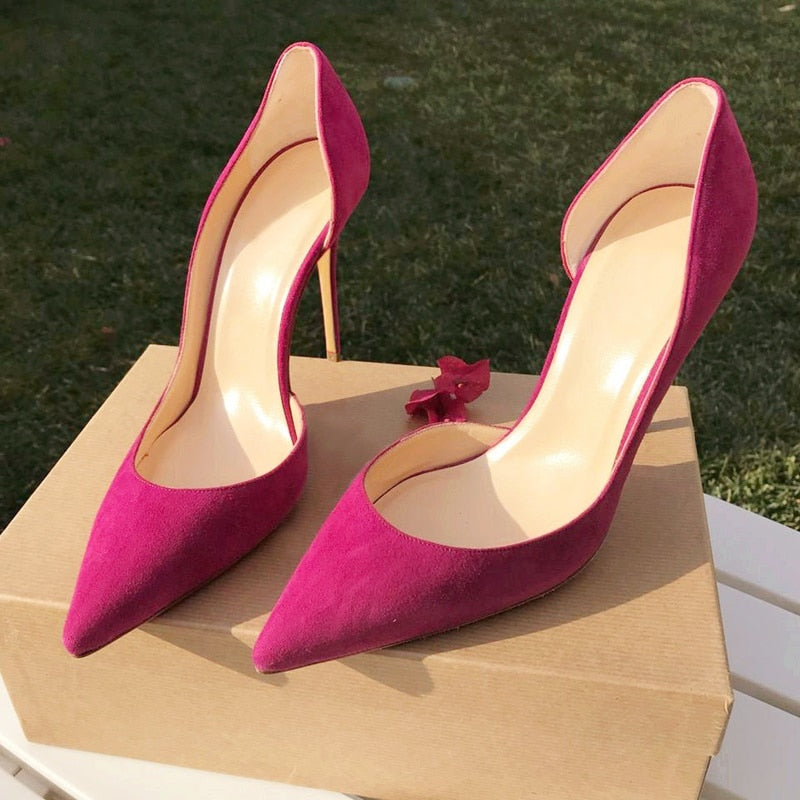 Advbridge Fuchsia Suede Shallow Women Stiletto High Heels Shoes 12CM 10CM 8CM Cutouts Pointed Toe Celebrating Party Dress Shoes Size46