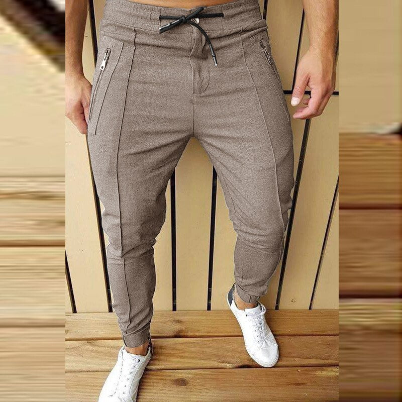 Advbridge Men's Casual Solid Color Pencil Pants Fashion Pleated Line Zipper Trousers For Men 2023 Spring Autumn Simple Slim Lace-up Pants