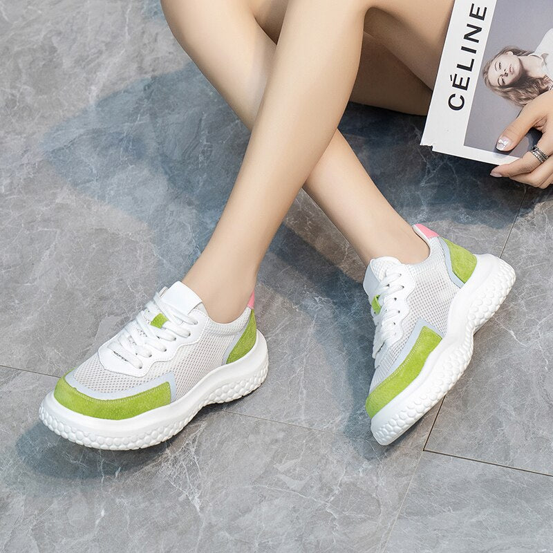 Advbridge New Women Chunky Shoes Fashion Mesh Vulcanized Shoes Green Lace-Up Women Sneakers Summer Outdoor Sport Shoes Tenis Feminino