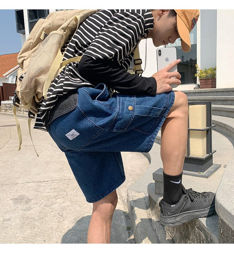 Advbridge Mens Patchwork Color Denim Shorts Streetwear Bermuda Male Multi-Pockets Casual Half Jean Summer Fashion Cargo Shorts Men