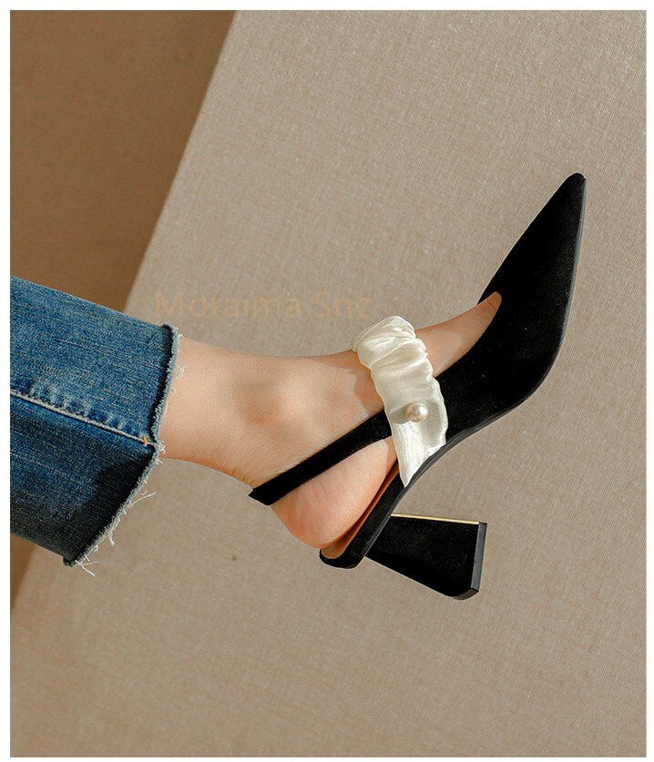 Advbridge Black Pointed Toe Chunky Heel Sandals Slingback Women's Shoes 2023 Spring New Temperament Versatile Casual Dress High Heels