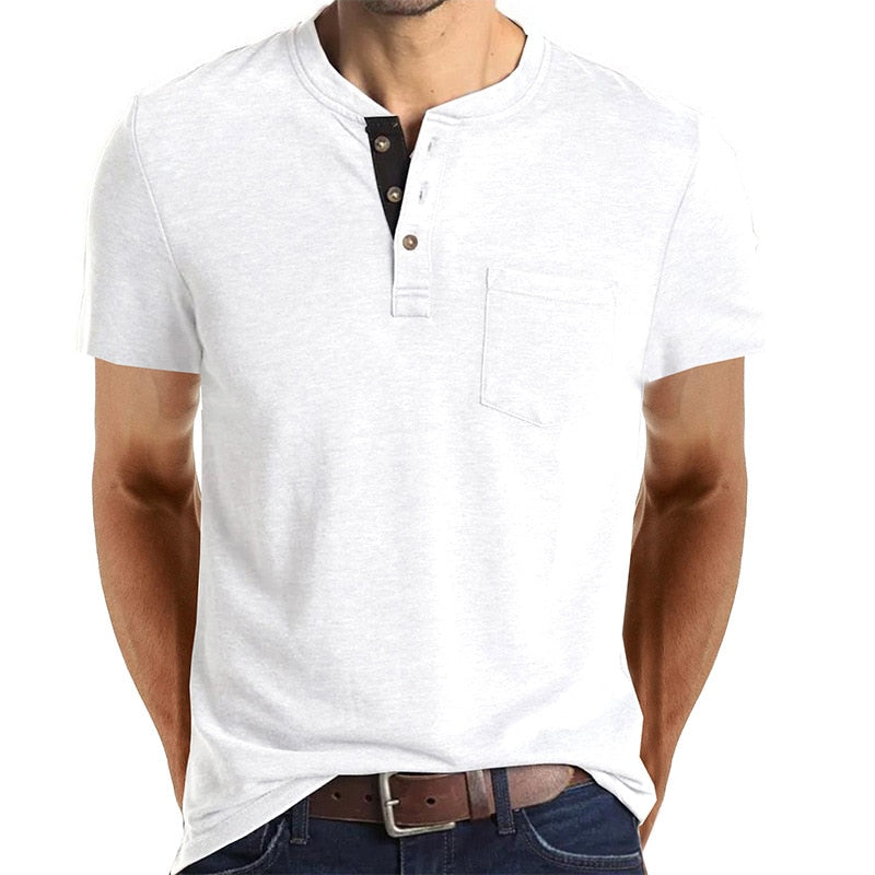 Advbridge Summer New Short Sleeve Men's Clothing Solid Color Round Neck Spliced Button Europe and America Slim Spliced Pocket T-shirt