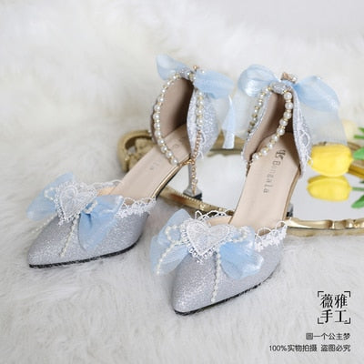 Advbridge Kawaii Girl Tea Party Elegant Pearl Love Lace Bowknot Lolita Shoes Multicolor Exquisite Embroidery Pointed Sandals Cosplay Lolit