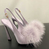 Advbridge Purple Black Silk Ostrich Feather Fur High Heel Sandals Peep Toe Thin Heels Square Peep Toe Woman Banquet Shoes