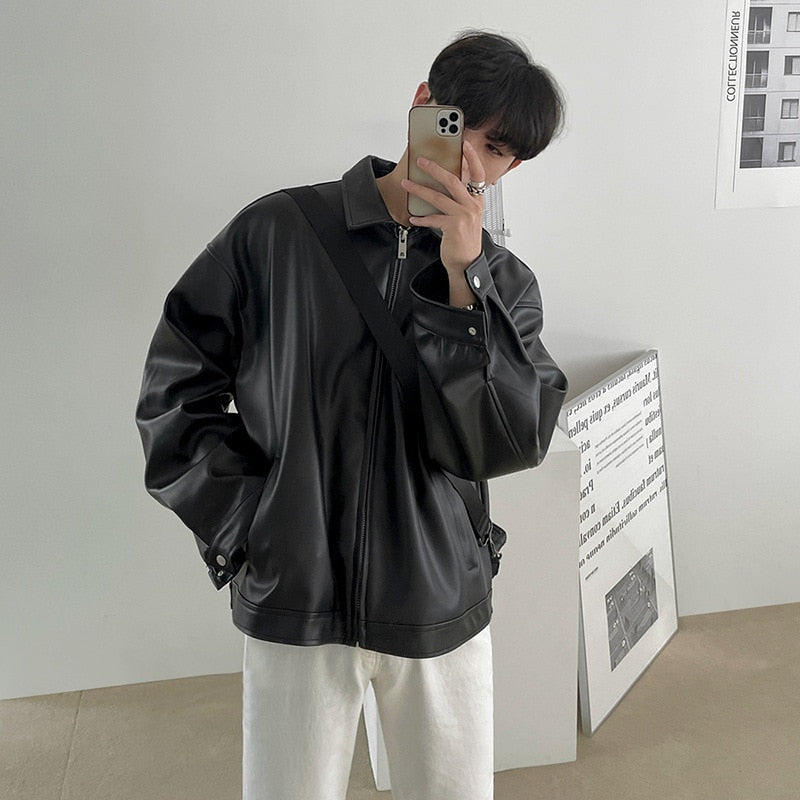 Advbridge PU Leather Jacket Men Korean Version Oversize Loose Casual Motorcycle Baseball Jackets Male Zipper Lapel Clothes Autumn