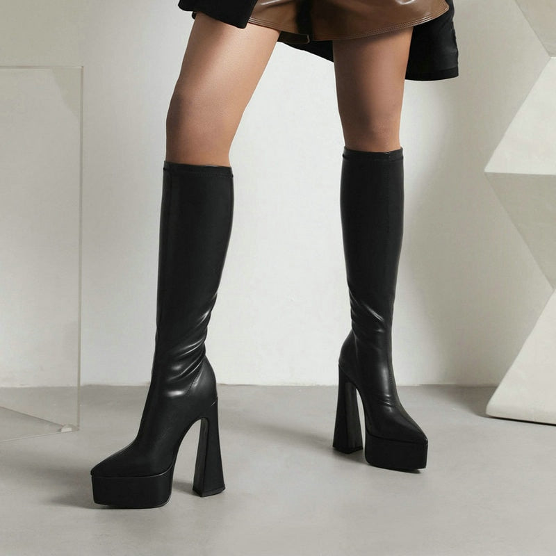 Advbridge Women Ankle Boots Platform Square High Heel Ladies Short Boots Faux Leather Pointed Toe Dress Female Shoes Plus Size 45