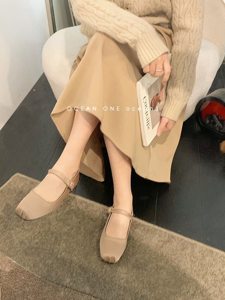 Advbridge 2023 NEW Classic Silk Ballet Shoes Buckle Strap Ballet Shoes Women Square Toe Simple Women Flats Elegant Valentine Shoes