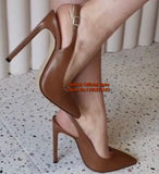 Advbridge Brown Matte Leather Slingback Woman Shoes 12CM 10CM 8CM Stiletto High Heels Pumps Pointed Toe Buckle Strap Hollow Party Shoes