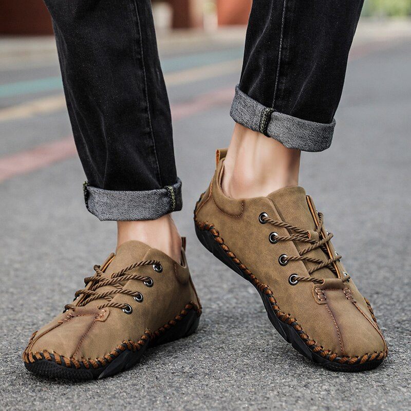 Advbridge Fashion Vintage Handmade Leather Men Shoes New Outdoor Casual Loafers Lace-up Moccasin Tooling Shoes Driving Flat Big Size 38-48