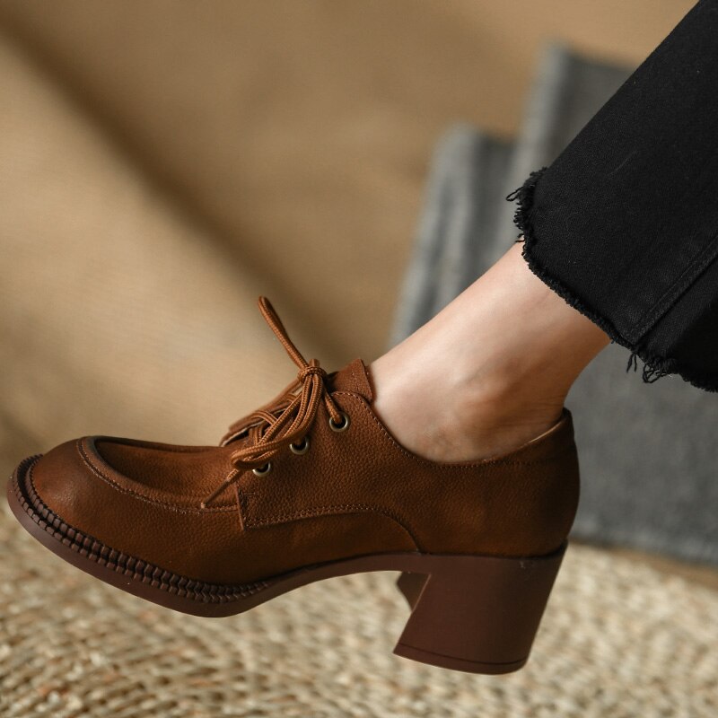 Advbridge Ladies Loafers 5.5 CM Spring Autum Lac-Up Simple Shoes On Thick Square HeelWomen Retro Pump Cowhide Big Toe Pumps British Style