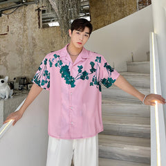 Advbridge Summer Men Shirt Short Sleeve Cuban Collar Vintage Fashion Loose Casual Pink Print Shirts Male Korean Streetwear Shirt