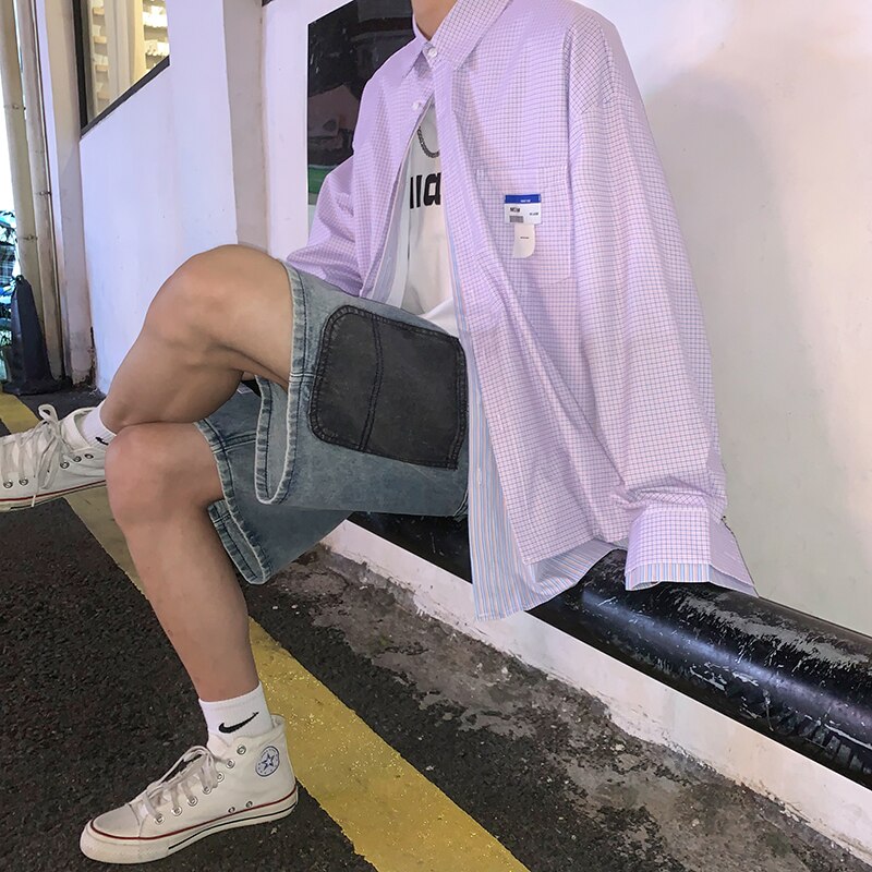 Advbridge Mens Patchwork Color Denim Shorts Streetwear Bermuda Male Multi-Pockets Casual Half Jean Summer Fashion Cargo Shorts Men