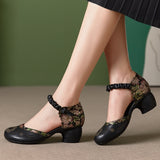 Advbridge Genuine Leather Retro Thick Heel Women Sandals Closed Toe Button Hollow Out Gladiator Sandals Luxury 5cm Shoes For Lady