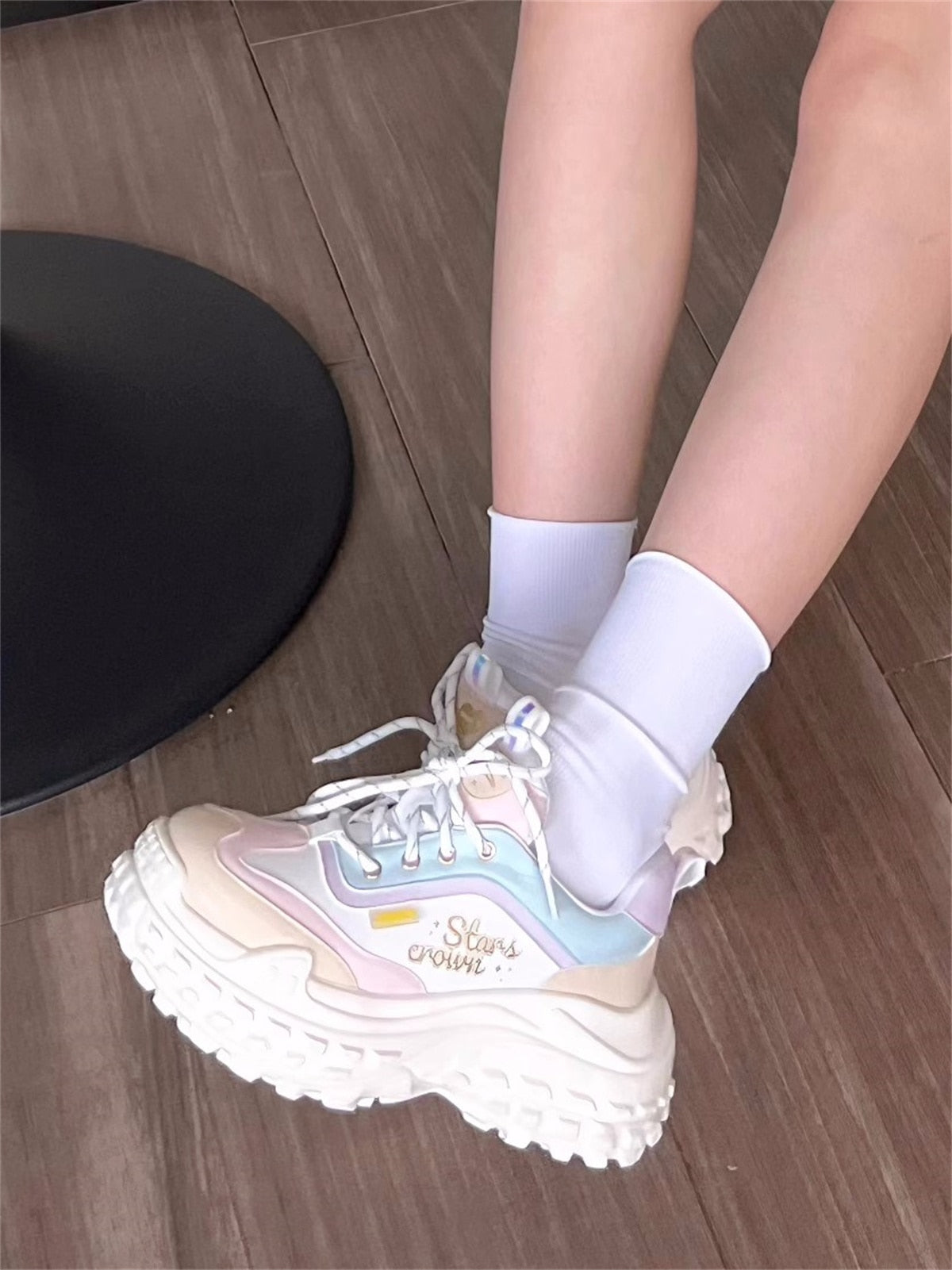 Advbridge Japanese Sweet Fashion Style Girls Shoes Round Head Thick Bottom Letters Lacing Strap Student Cute Comfortable 6cm Sports Shoes