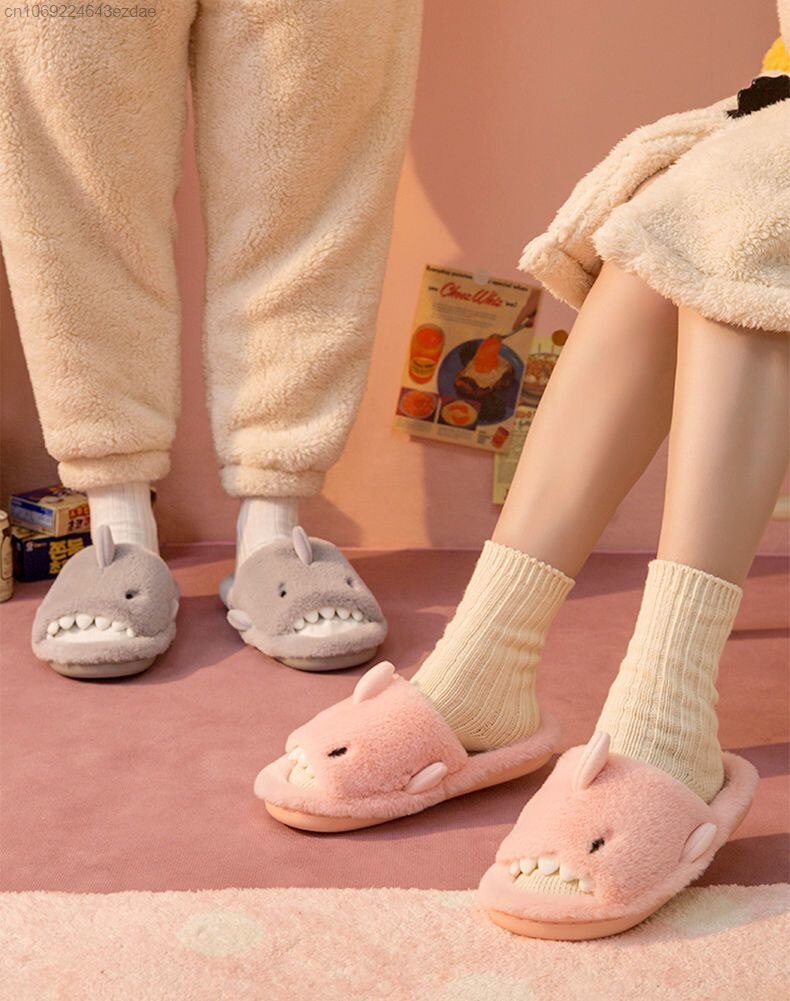 Advbridge Cartoon Miniso Winter Plush Shark Slipper Y2k Girl Fashion Casual Indoor Warm Cute Shoes Women Couple Soft Thick Trendy Shoes