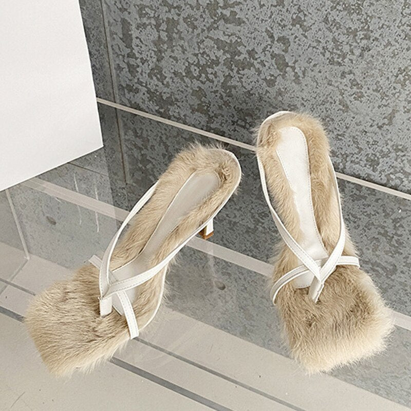 Advbridge New Style Faux Fur Women's Thin Heels Flip Flops Slippers Sandals Square Open Toed High Quality Fuzzy Slides Shoes