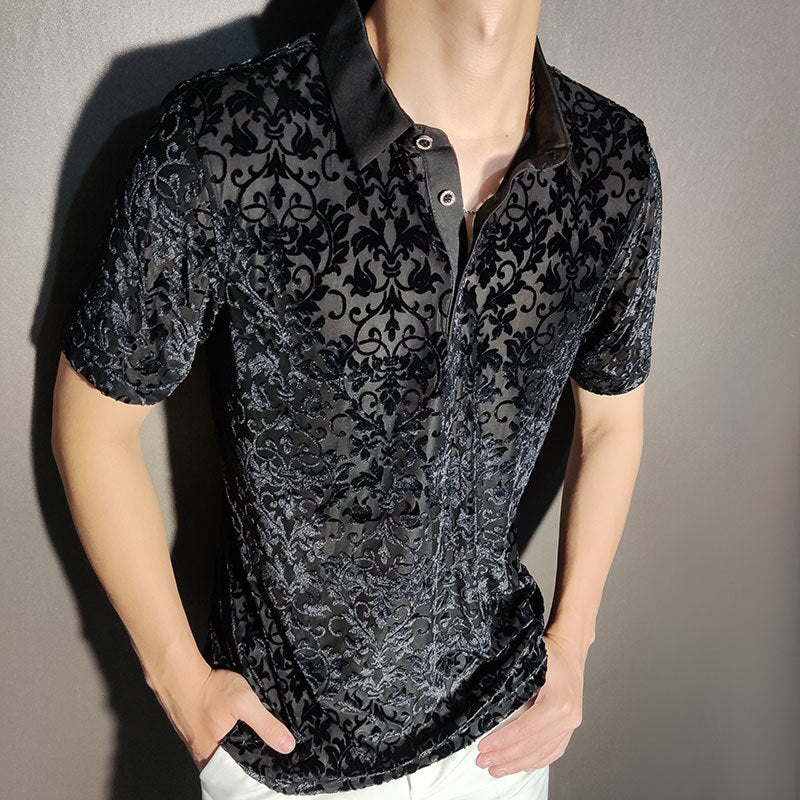 Advbridge Black Gold Abstract Pattern Lace Sexy Polo See Quality Men Through Social Club Luxe Transparent Shirt Summer Short Sleeve Polo