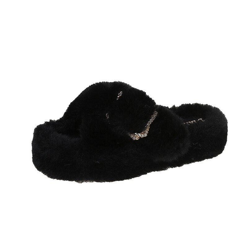 Advbridge Winter Women Fur Slippers Platform Indoor Non Slip Rubber Sole Slides Buckle Decoration Fashion Girl Shoes Ladies Flock Zapato