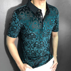 Advbridge Black Gold Abstract Pattern Lace Sexy Polo See Quality Men Through Social Club Luxe Transparent Shirt Summer Short Sleeve Polo