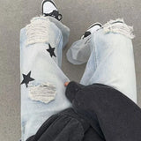 Advbridge High Street Hip Hop Pants for Men Washed American Retro Star Patchwork Ripped Jeans Spring and Autumn Male Casual Streetwear New