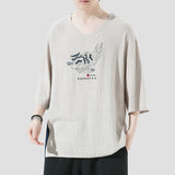 Advbridge Kirin Embroidery Fashion T-Shirt Men Seven Sleeves V-Neck Tees Tops Male Summer Casual T Shirt Streetwear Male Black/Rice white
