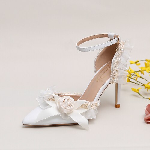 Advbridge French Elegant Flower Bowknot Point Baotou One Word Wristband Hollow High Heel Female Sandals Bridesmaid Wedding Shoes