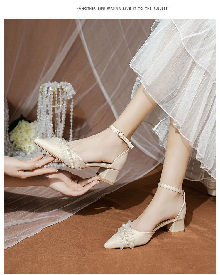 Advbridge Elegant Wedding Shoes Women Korean Style Pearl Ankle Strap Chic Bridal Shoes Female Satin Casual Medium Heels Shoes Autumn