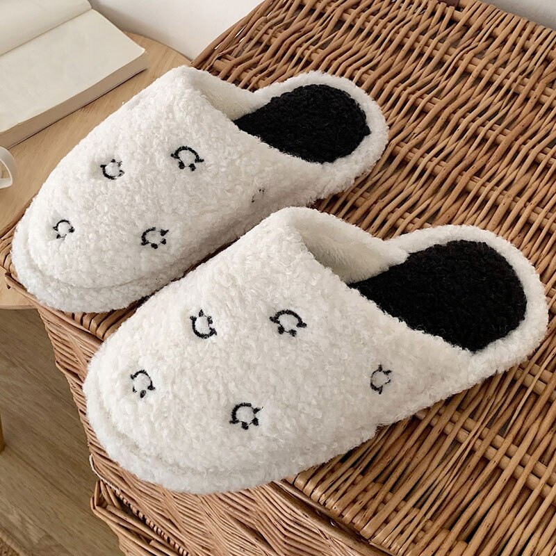 Advbridge New Winter Slippers Woman Autumn  Warm Closed Fluffy Plush Slides Men Indoor Home  Cute Face White Flip Flops Flat Cotton Shoes