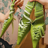 Advbridge New Summer Women' Sandals Green Cross Lace-Up Pumps Sexy Pointed Toe Stilettos Design Sense Fashion Silk Catwalk High Heels