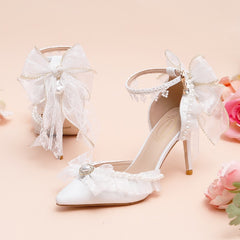 Advbridge Pure White Lace Bowknot Lolita Straight Line Sandals with Hollow High Heels Sweet Flower Wedding Lo Bridesmaid Wedding Shoes