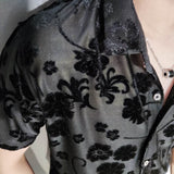 Advbridge New Shirt Trendy Transparent Black Floral Shirt Men Sexy Velvet Shirt Men Short Sleeve Clothing See Through Social Club