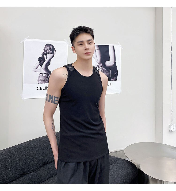 Advbridge Men's Leather Buckle Tank Tops Vest Tshirt Knitted Elastic Male Japan Korean Streetwear Fashion Slim Fit Tees Sleeveless T-shirt