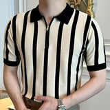 Advbridge Summer Zipper Knit Lapel T-shirt Polo Camisa Hombre British  Contrasting Stripes Casual Slim Lapel Polo Men's Shirt Mannen Polo