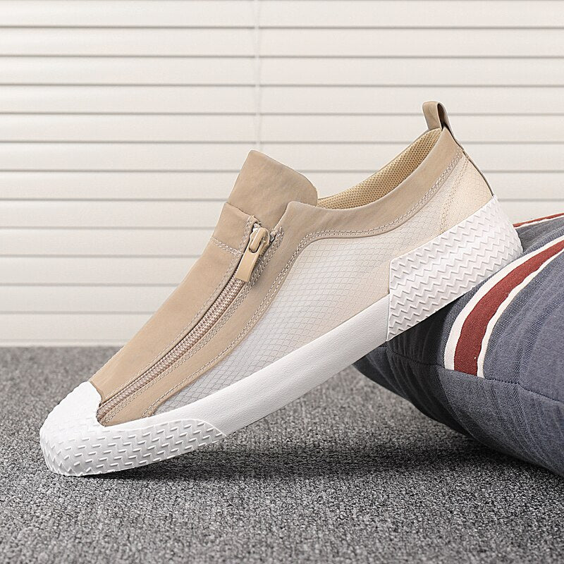 Advbridge Summer Mens Vulcanize Shoes Fashion Canvas Sneakers Side Zipper Men Casual Shoes Light Breathable Outdoor Driving flat Loafers