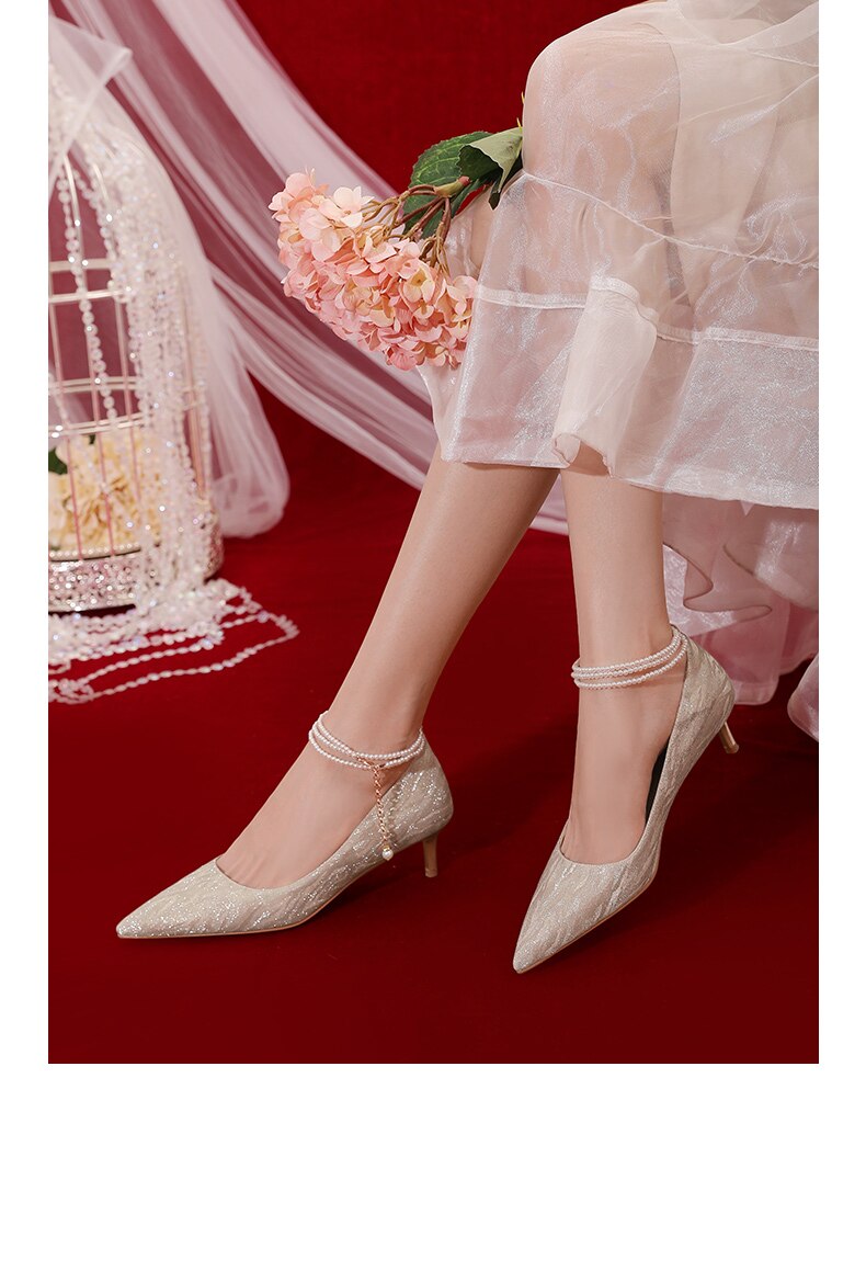 Advbridge Bridal Wedding Bridesmaid Shoes Crystal High Heels Women's Bandage Middle Heel French Wedding Dress Shoes Pearl Single Shoes