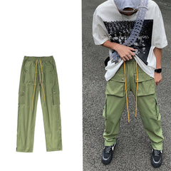 Advbridge  Men's Pure Color Multi Pocket Cargo Casual Pants Leisure Green/black Color Sweatpants Elastic Waist Trousers Size M-2XL