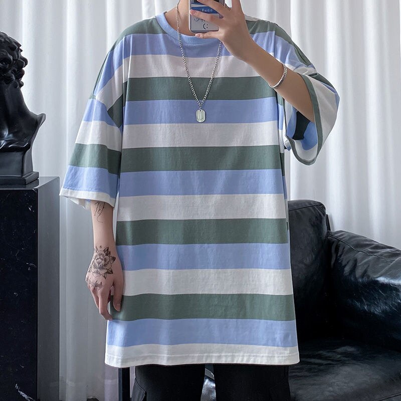 Advbridge Contrasting Color Striped Casual T-shirt Summer All-match Fashion Trend Loose Outfits Short Sleeve O-neck Men's Clothes Oversize