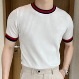 Advbridge O-Neck Stretched Men's Tee Shirt Patchwork Color Stripe Slim Fit Knitted T Shirt Homme Streetwear Fashion Casual T-Shirt