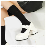 Advbridge Women Patent Leather High Heel Mary Janes Shoes Vintage Buckle Platform Lolita Shoes Ladies Pumps Female Square Toe Casual Shoes