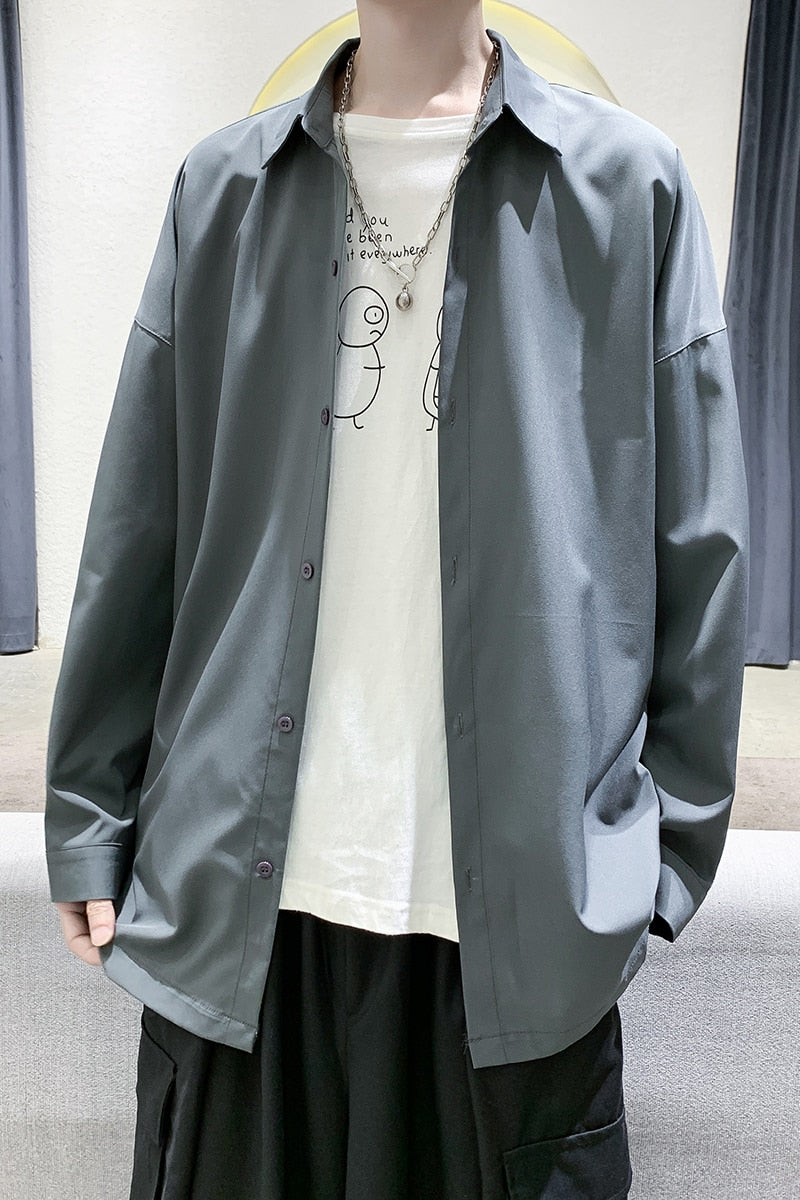 Advbridge New Men's Casual Blouse Shirt Solid Loose Tops Long Sleeve Shirts Spring Autumn Summer Casual Handsome Men Shirt 4 Colors