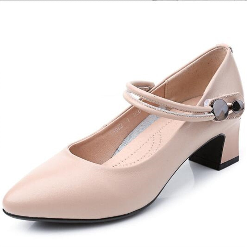 Advbridge  High-quality Cowhide Pointed Shallow Mouth Women Pumps Thick Heel Shoes Work Office Banquet Leather Shoes Large Size