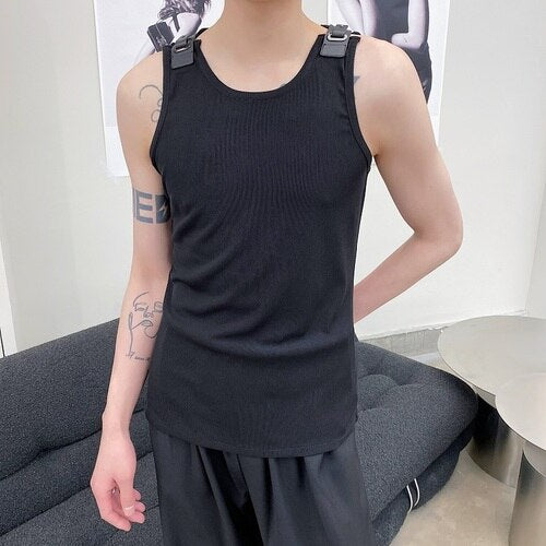 Advbridge Men's Leather Buckle Tank Tops Vest Tshirt Knitted Elastic Male Japan Korean Streetwear Fashion Slim Fit Tees Sleeveless T-shirt