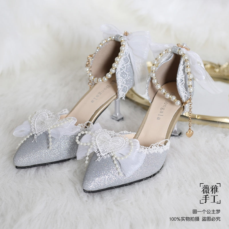 Advbridge Kawaii Girl Tea Party Elegant Pearl Love Lace Bowknot Lolita Shoes Multicolor Exquisite Embroidery Pointed Sandals Cosplay Lolit