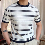 Advbridge Trend Splicing Striped Tee Shirt Men Short Sleeve Business Office Crew Neck Summer Breathable Tshirt Camiseta Manga Corta Hombre