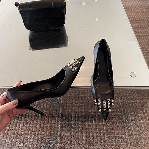 Advbridge Autumn 2023 New Pointed High Heel Women's Shoes Shallow Rivet Thin Heel Single Shoes Fashion Shoes Women