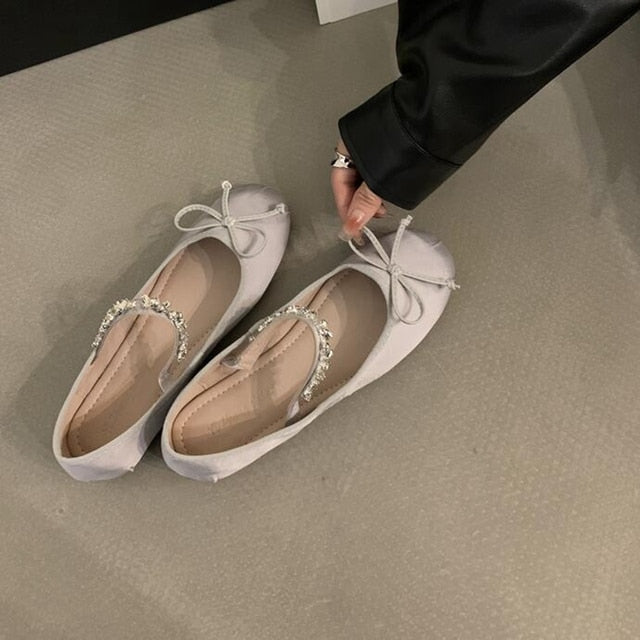 Advbridge 2023 NEW Spring/Autumn Bow Silk Satin Ballet Flats Women Elastic Brand Cross Mary Jane Shoes Round Toe Rhinestones Shoes