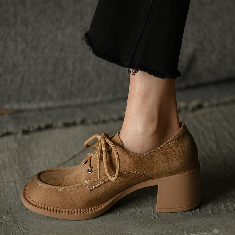 Advbridge Ladies Loafers 5.5 CM Spring Autum Lac-Up Simple Shoes On Thick Square HeelWomen Retro Pump Cowhide Big Toe Pumps British Style