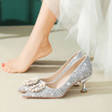 Advbridge Bridal Wedding Shoes Niche Premium Silver High-heeled Shoes Female Thin Heel Bridesmaid Pearl Wedding Dress Cat Heel Shoes