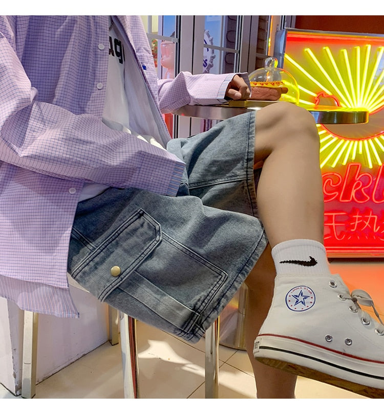Advbridge Mens Patchwork Color Denim Shorts Streetwear Bermuda Male Multi-Pockets Casual Half Jean Summer Fashion Cargo Shorts Men
